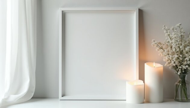 Minimalist empty white frame on light neutral background next to burning candles, delicate flowers. Offers ample copy space on left, suitable for announcements, memorials event invitations with