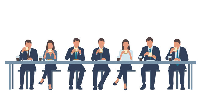 Seven professionals in formal suits are lined up along a long table eating sandwiches during a synchronous lunch break against a minimalist white background setting.
