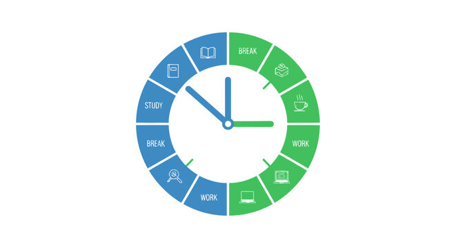 A colorful infographic clock illustrates daily activities like work, study, and break in an office setting.