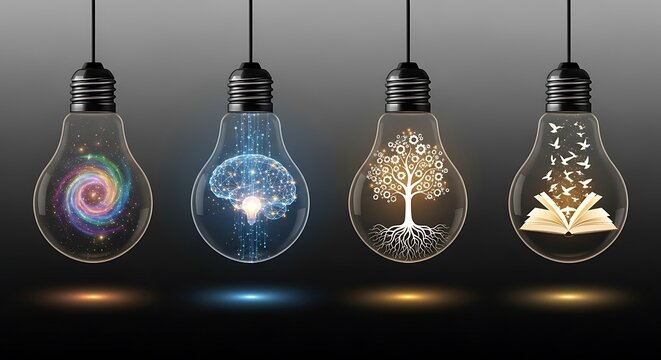 Four light bulbs with brain, galaxy, tree, book ideas
