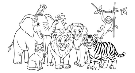 Group of wild animals including an elephant, lion, tiger, cat, and monkey gather together in a dense jungle forest setting depicted in a detailed black and white line art illustration for coloring. © Masuk Sat