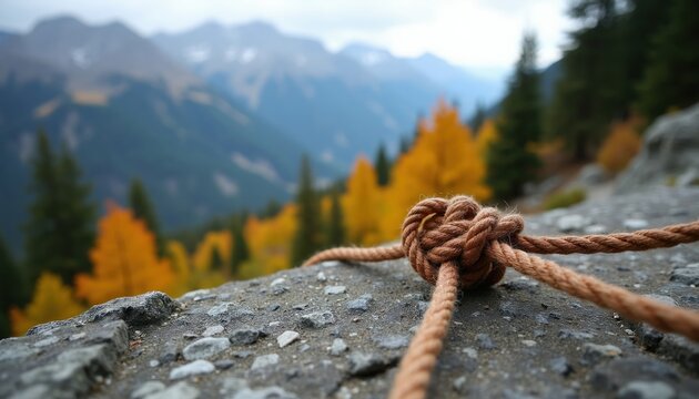 Thick rope tied securely in a knot on rocky ground. Mountains and autumn trees create a blurred background. The scene suggests outdoor adventure and natural beauty in fall.