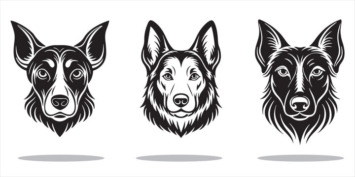 Set of three different dog head silhouette vector design isolated on white background