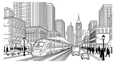 Train travels through a bustling urban city center featuring high-rise buildings and pedestrians walking along the sidewalks in this detailed black and white line art illustration for coloring books. © Masuk Sat
