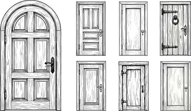 Vintage wooden door collection featuring hand drawn arched entrance, rustic cottage doors, medieval gate, and antique woodwork details for architectural sketches, fantasy gaming, and home renovation.