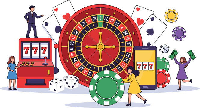 Online casino and gambling concept featuring tiny people with giant roulette wheel, slot machines, playing cards, dice, and mobile phone for digital gaming, entertainment, and betting industry 