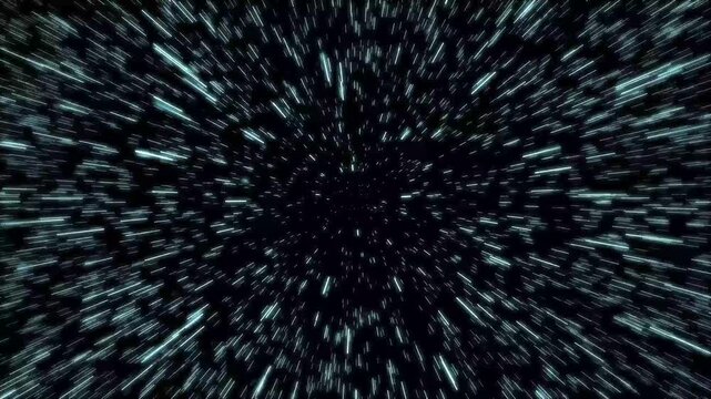 Hyperspace jump through stars, warp speed travel in deep space, abstract background of light streaks moving fast in a dark galaxy
