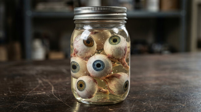 Preserved eyeballs in a glass jar, eerie and spooky decoration, macabre display
