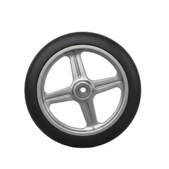 Obraz premium Single silver motorcycle wheel with smooth black rubber tire on white background