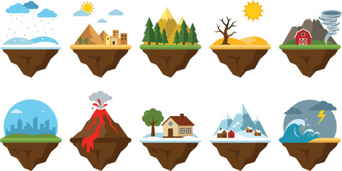 Floating island biome set featuring diverse ecosystems and natural disasters like volcanoes, tornadoes, desert drought, arctic winter, and forest landscapes for environmental education and climate  © Hosneara