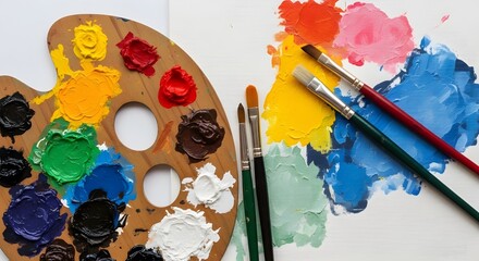 Obraz premium Vibrant artist palette and paintbrushes laid beside bold acrylic paint strokes on canvas, conveying creativity, color exploration and hands-on painting, ideal for art projects and design