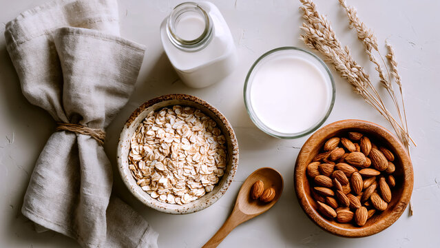 Almond milk flat lay with oats and almonds for vegan recipe and packaging design