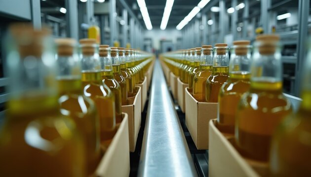 Rows of glass bottles filled with golden olive oil move along a factory production line. Cardboard boxes hold bottles on a conveyor belt. Industrial setting with overhead lights.