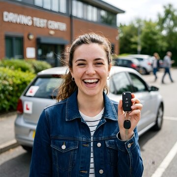 Happy young driver smiling after passing driving test holding car keys, natural daylight and clean background, success, independence and achievement concept