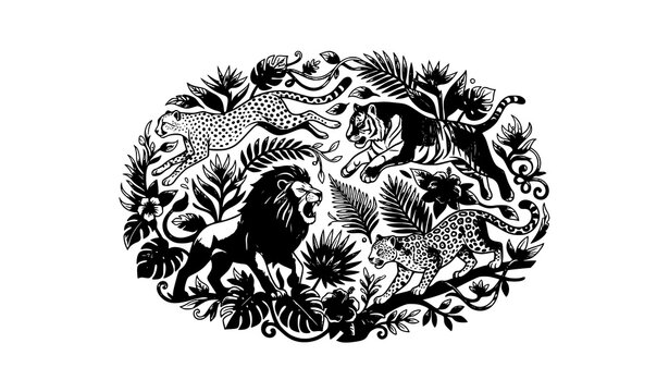 Tropical wildlife vector illustration with wild cats and exotic leaves in modern circular composition