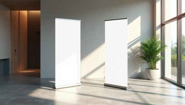 Two empty white roll up banner stands stand in a bright modern office hall with large windows and potted plant. Interior space for business presentations and marketing displays.