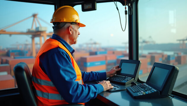 Man in hard hat and vest controls crane from cabin. He watches containers at port. Logistics pro works with technology. Safety worker manages cargo.