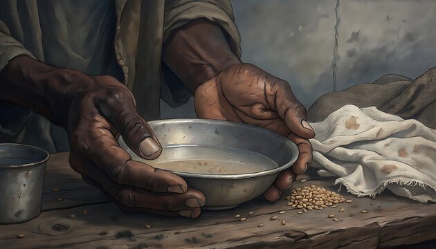 Poor Person Holding A Small Bowl With Little Food In Hands.