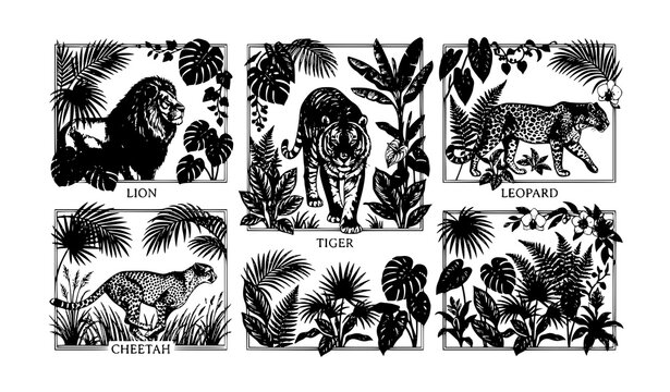 Wild cat illustration collection with tiger lion cheetah leopard and tropical botanical elements
