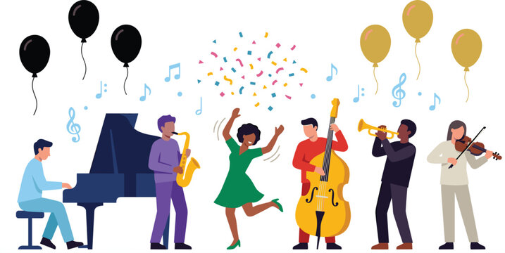 Live music band performance concept with diverse musicians playing piano, saxophone, double bass, trumpet, and violin for jazz club party, wedding celebration, and entertainment festival vector