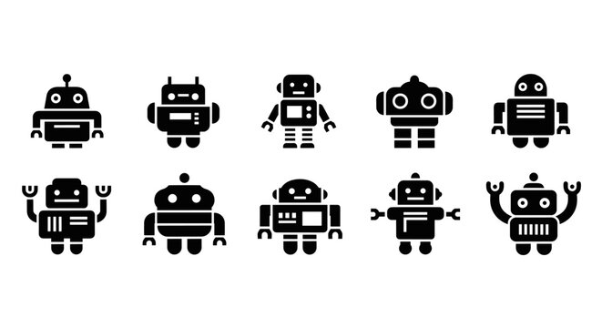 Collection of diverse retro and modern robot icons in a simple, flat design style
