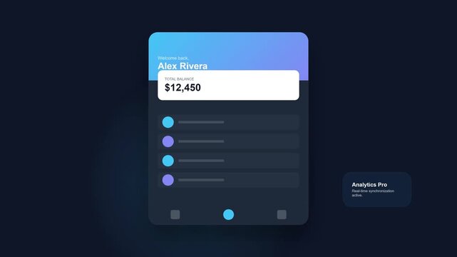 Animated mobile app interface with financial data and user interface elements.