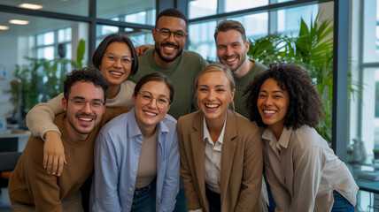 Fototapeta premium Group of diverse business people smiling in modern office with plants and glass walls