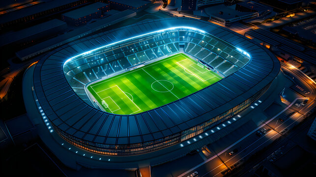 Ultra-realistic 45 degree aerial perspective of a modern football stadium at night with blue glowing roof and bright green pitch, stunning bird eye view of full sport venue.