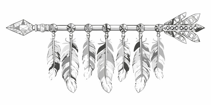 Tribal arrow with feathers sketch style illustration on white background