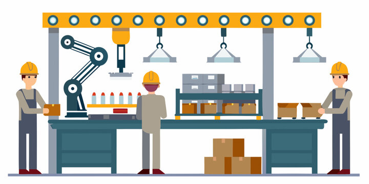 Factory assembly line illustration with workers and robotic arm
