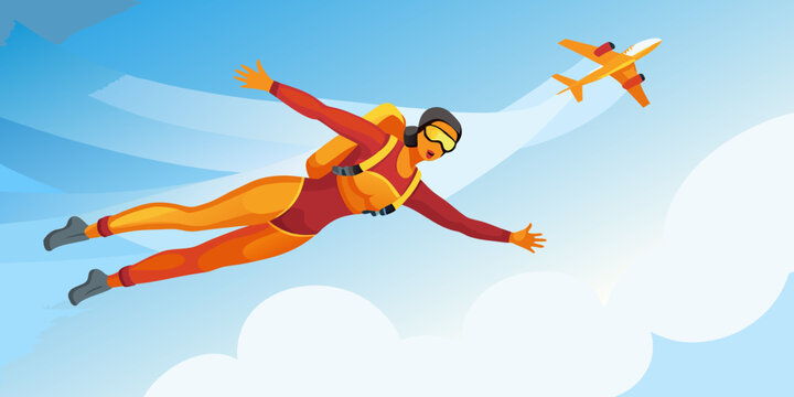 Skydiver in free fall with airplane vector illustration