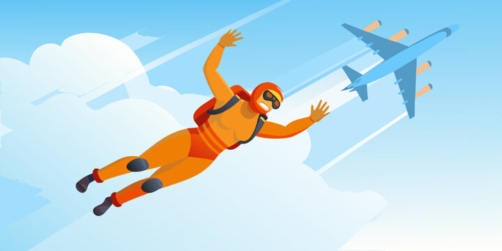 Skydiver in free fall with airplane vector illustration