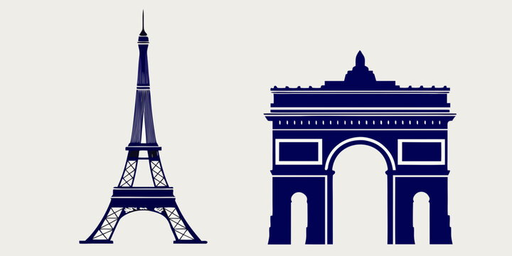 Blue silhouettes of the eiffel tower and arc de triomphe