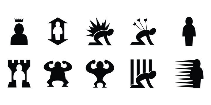 Set of ten black silhouette icons depicting human figures in various poses and states such as king, prisoner, falling, injured, defeated, strongman, jailed, and being attacked.