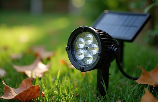 Outdoor solar led floodlight on green lawn with fallen leaves. Garden lamp uses sun power for sustainable yard lighting. Modern eco friendly tech for landscape.