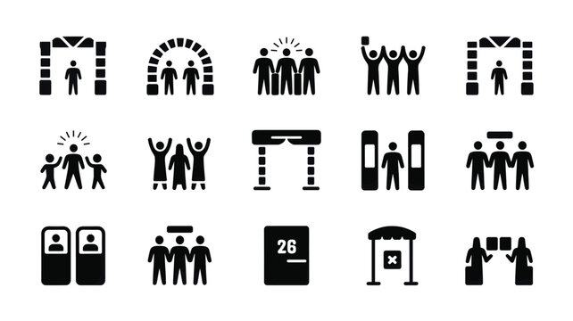 Set of 15 Black Glyph Event Entrance and Crowd Icons Vector