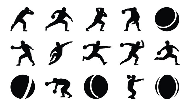 Set of 15 Black Shot Put and Discus Thrower Silhouettes Vector Icons
