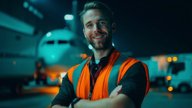 Portrait of a smiling male airport worker with arms crossed at night.