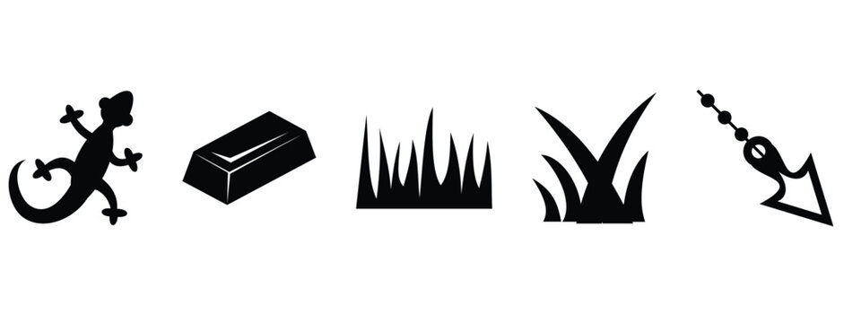 Printfantasy platform game obstacle icon vector set with spikes, grass, coffin, monster tail and dangerous adventure level design elements