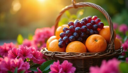 Naklejka premium Wicker basket filled with fresh oranges and dark grapes sits among pink flowers. Sunlight streams creating warm, soft lighting. Healthy harvest display.