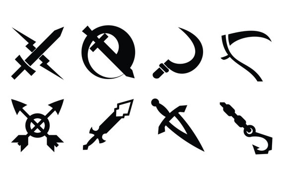 Sword icons set. Vector Ancient swords signs and crossed pictograms. Ancient crossed swords pictograms. Vector weapon military for battle illustration.
