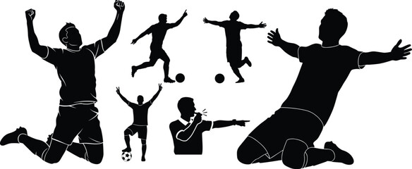 Black silhouettes of soccer players in various poses, kicking and celebrating football © MD FARID