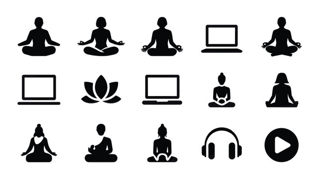 Set of 15 Black Yoga Meditation and Technology Vector Icons