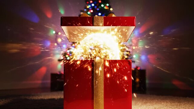 Captivating holiday present bursting with magical shimmering light effects and festive colorful bokeh, suggesting wonder and joyous surprises during the Christmas celebration season