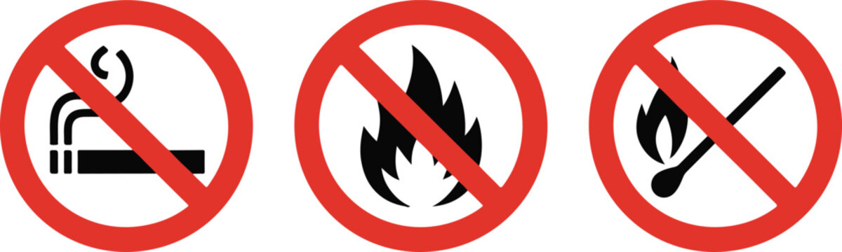 Warning signs collection prohibiting smoking open flames and matches with red strike through circles for safety and fire prevention.