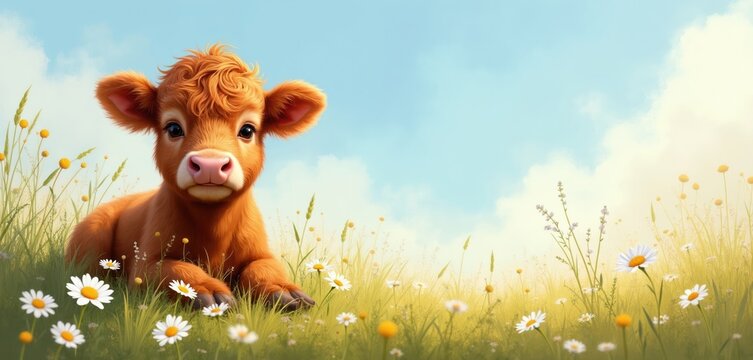 Fluffy highland calf rests in sunny meadow full of daisies and wildflowers. Gentle blue sky with soft clouds above. Cute cow portrait in pastoral setting.