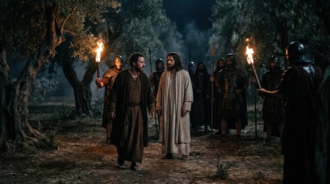 Jesus Christ's capture by Roman soldiers, a powerful biblical drama, ancient religious moment of betrayal, sacrifice, in a dark olive grove setting