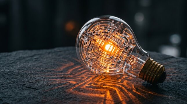 3D render of a conceptual glass lightbulb featuring a glowing intricate maze filament resting on a dark stone surface representing complex problem solving