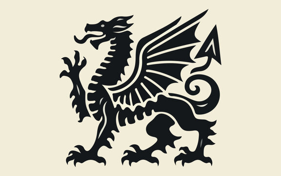 heraldic dragon rampant silhouette illustration black vector welsh medieval fantasy coat of arms mascot logo brand design