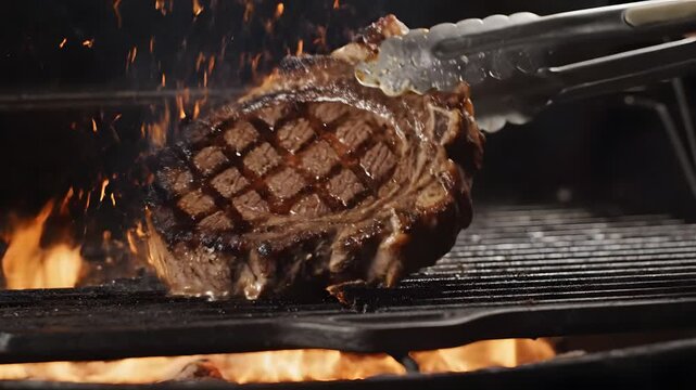 Grilled steak on a barbecue with flames, being flipped by tongs at night